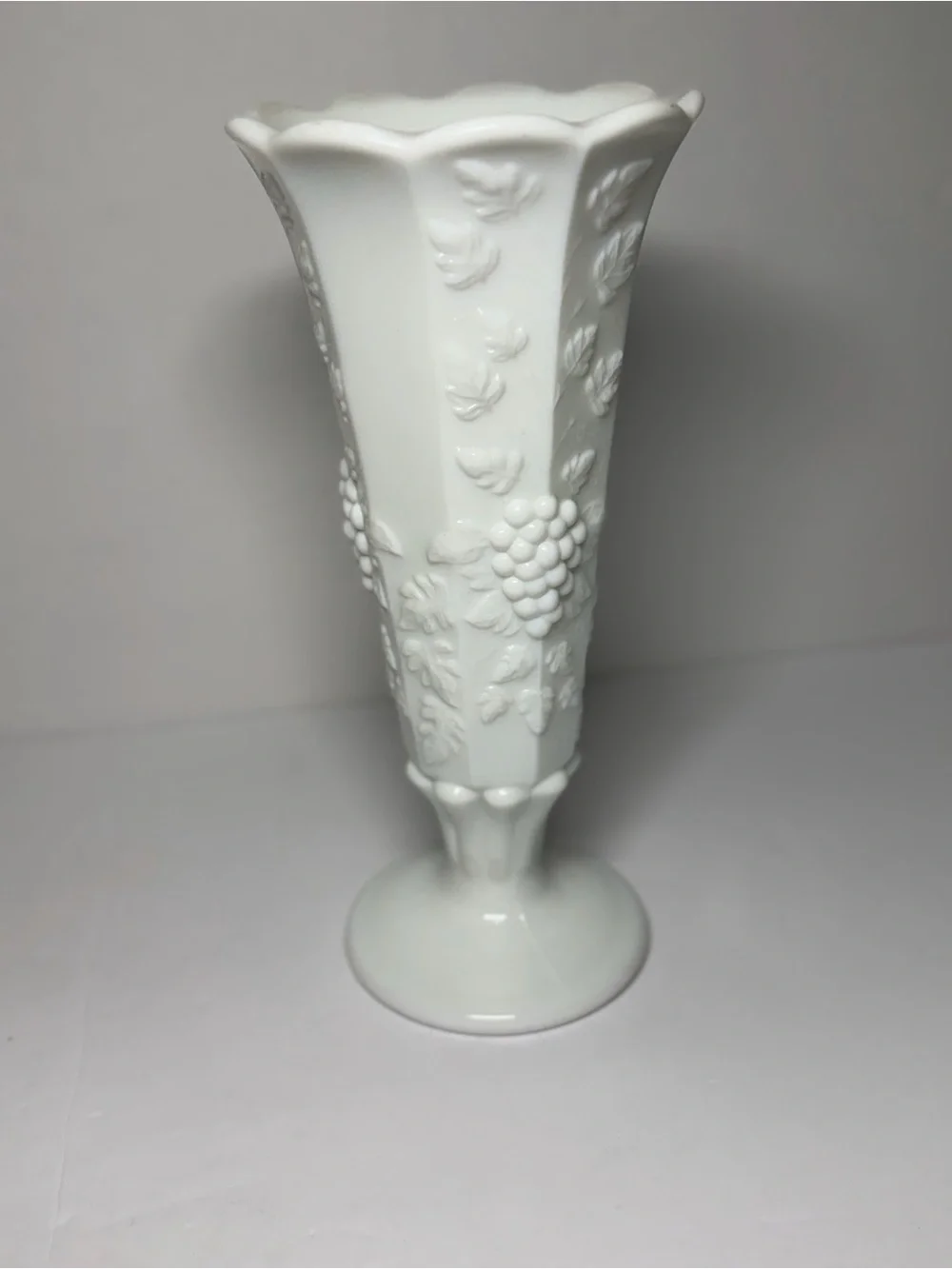 Vintage Westmoreland Paneled Grape milk glass pedestal Vase.